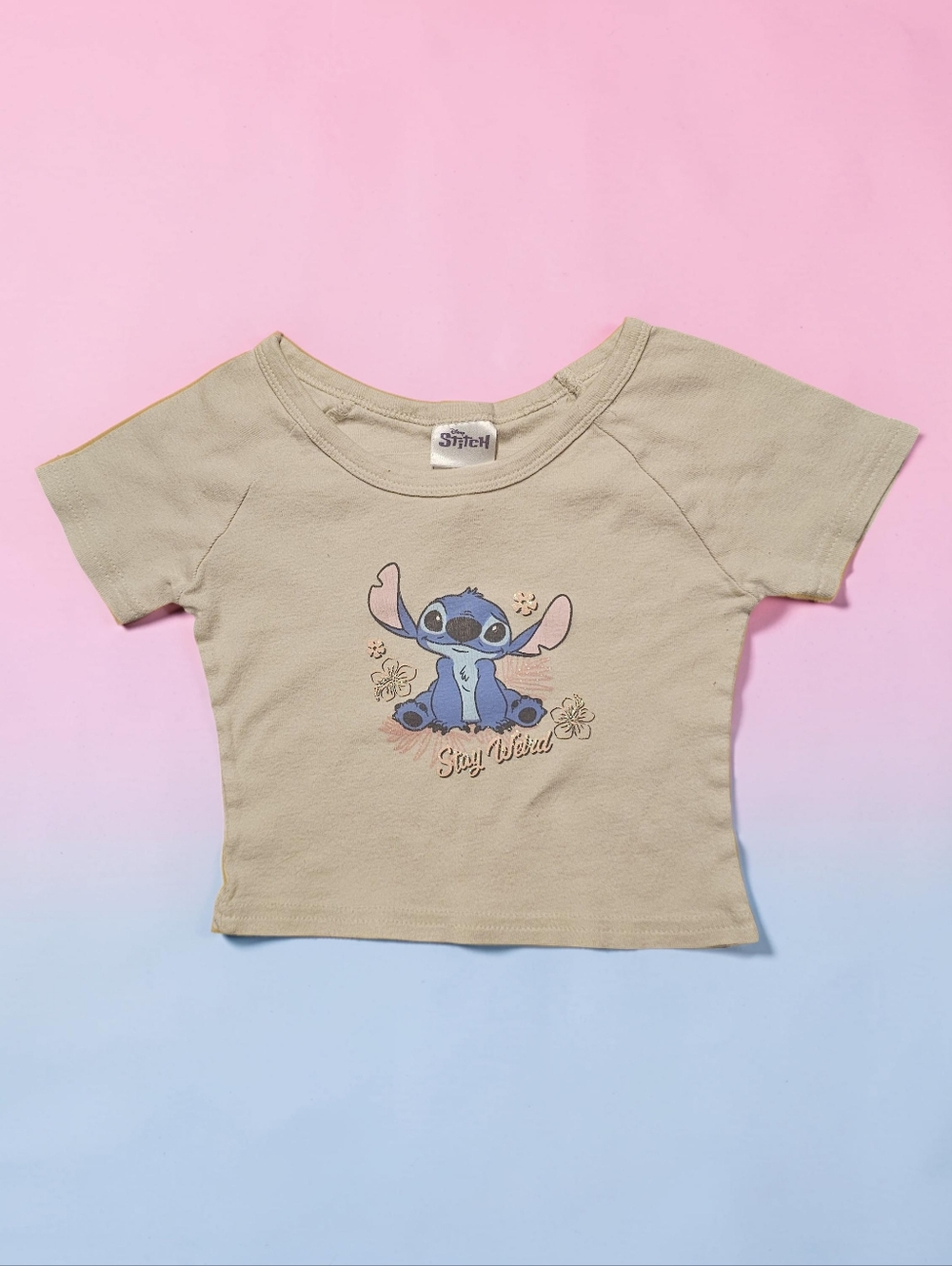 DISNEY Beige Stitch Graphic Crop Tee. Size 5. Excellent Condition!